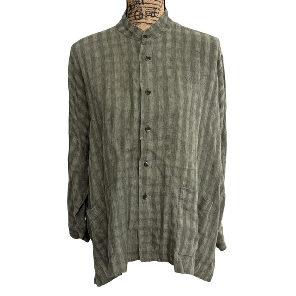 Eskandar Mandarin Collar Button Down Shirt Jacket Tunic Green Linen Size 0/6-8 - Picture 1 of 10